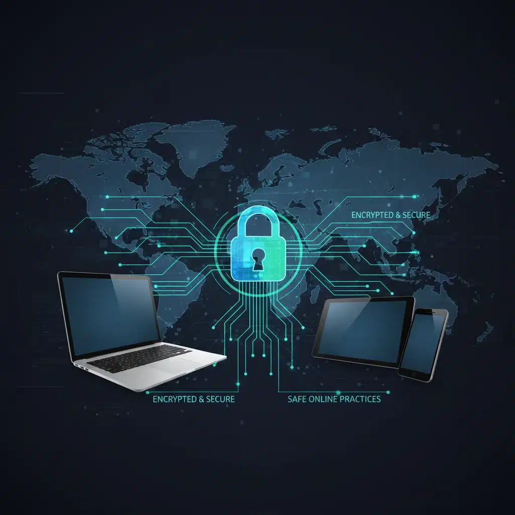 Secure digital network with glowing lines connecting devices to a padlock, representing data protection.