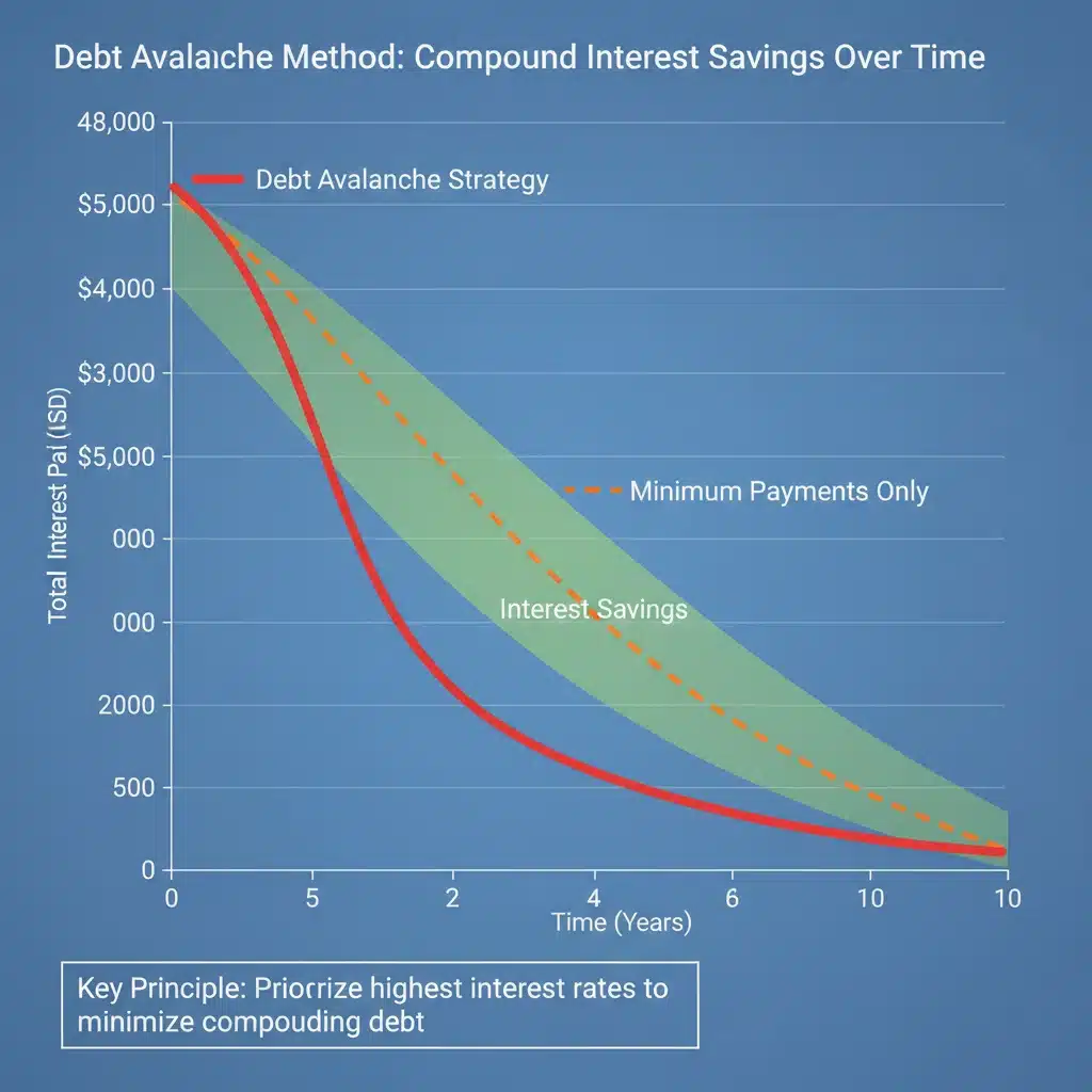 Financial benefits of debt avalanche method with interest savings graph