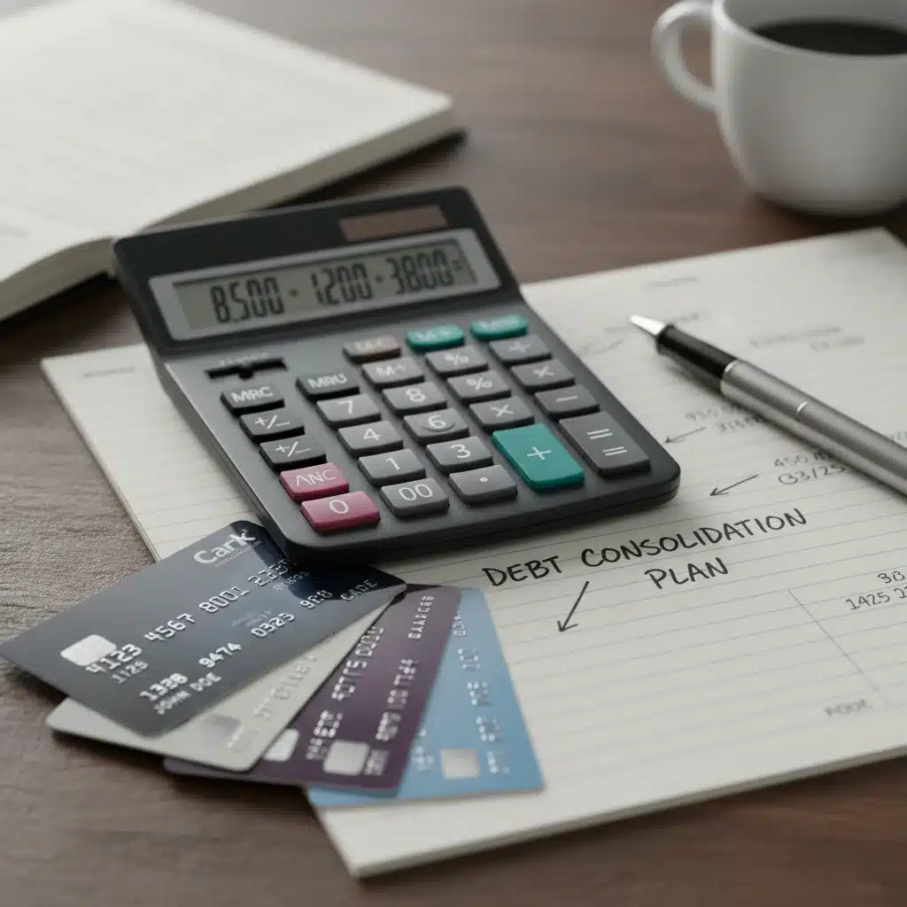 Calculator and credit cards for debt consolidation planning.