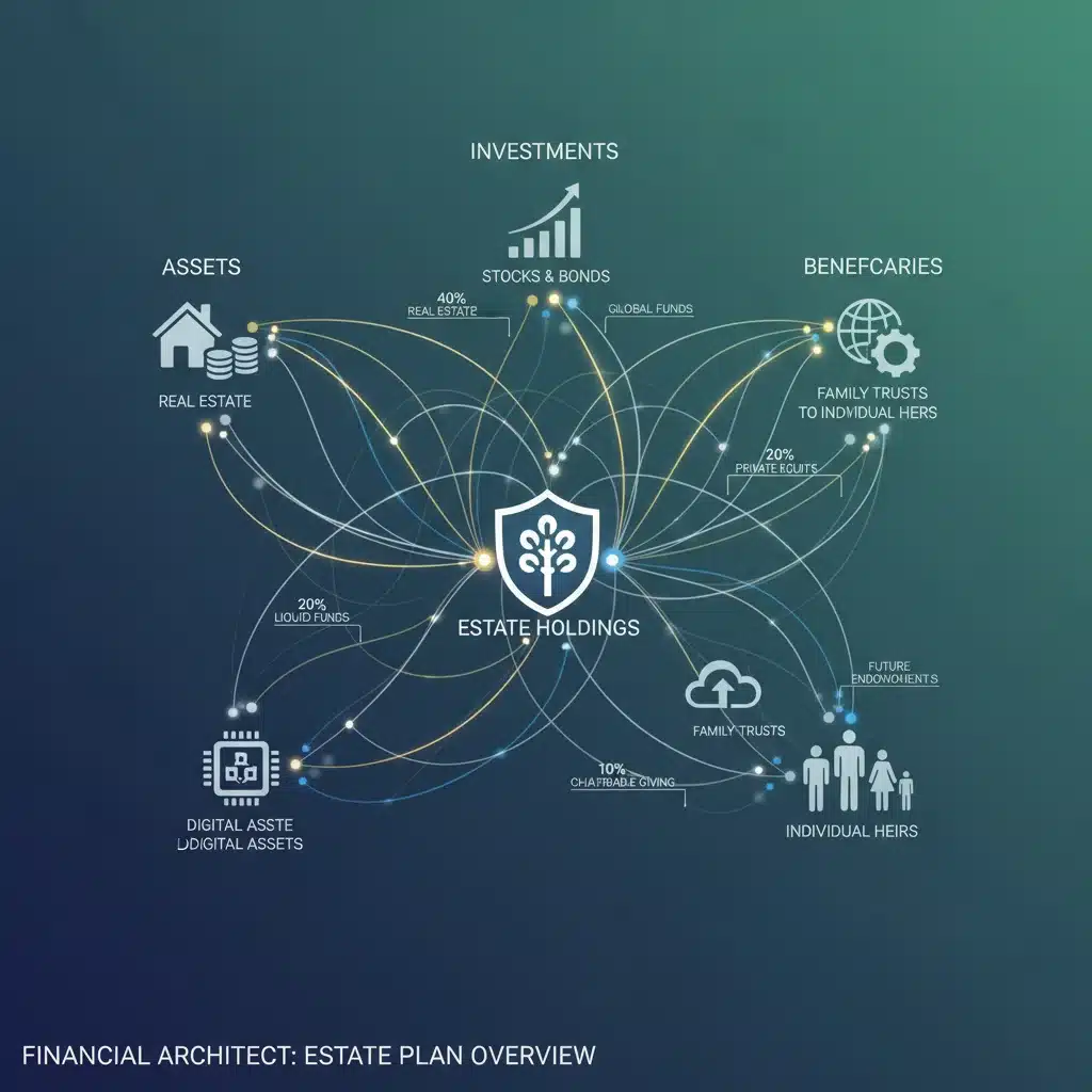 Digital visualization of interconnected financial assets and beneficiaries in an estate plan.