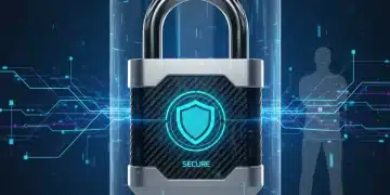 Digital padlock protecting personal data streams, symbolizing identity theft prevention in 2026.