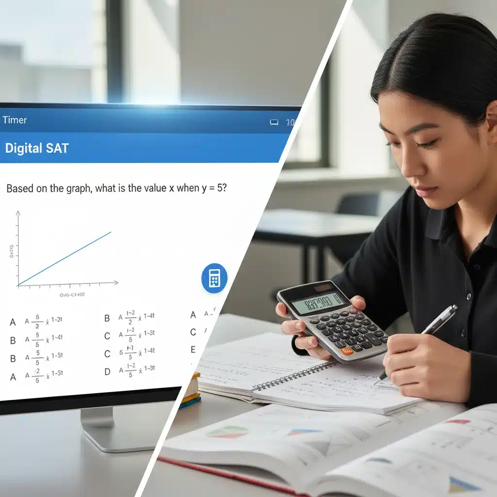 Digital SAT interface and student using calculator