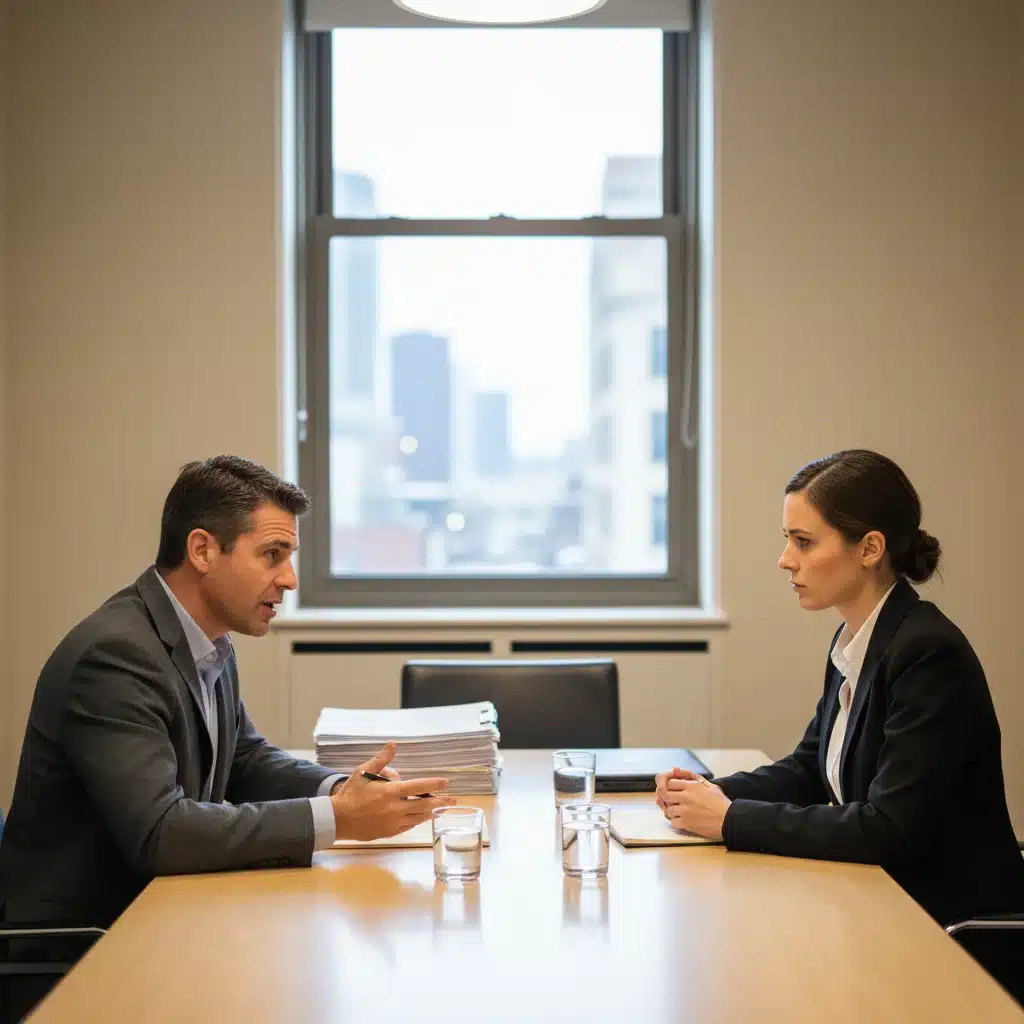 People engaged in a mediation session, discussing a dispute in a neutral setting.
