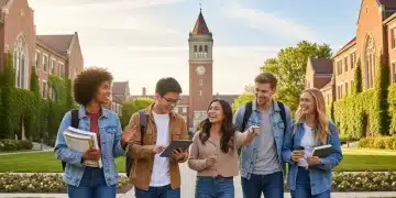 Diverse students on college campus, symbolizing higher education opportunities.