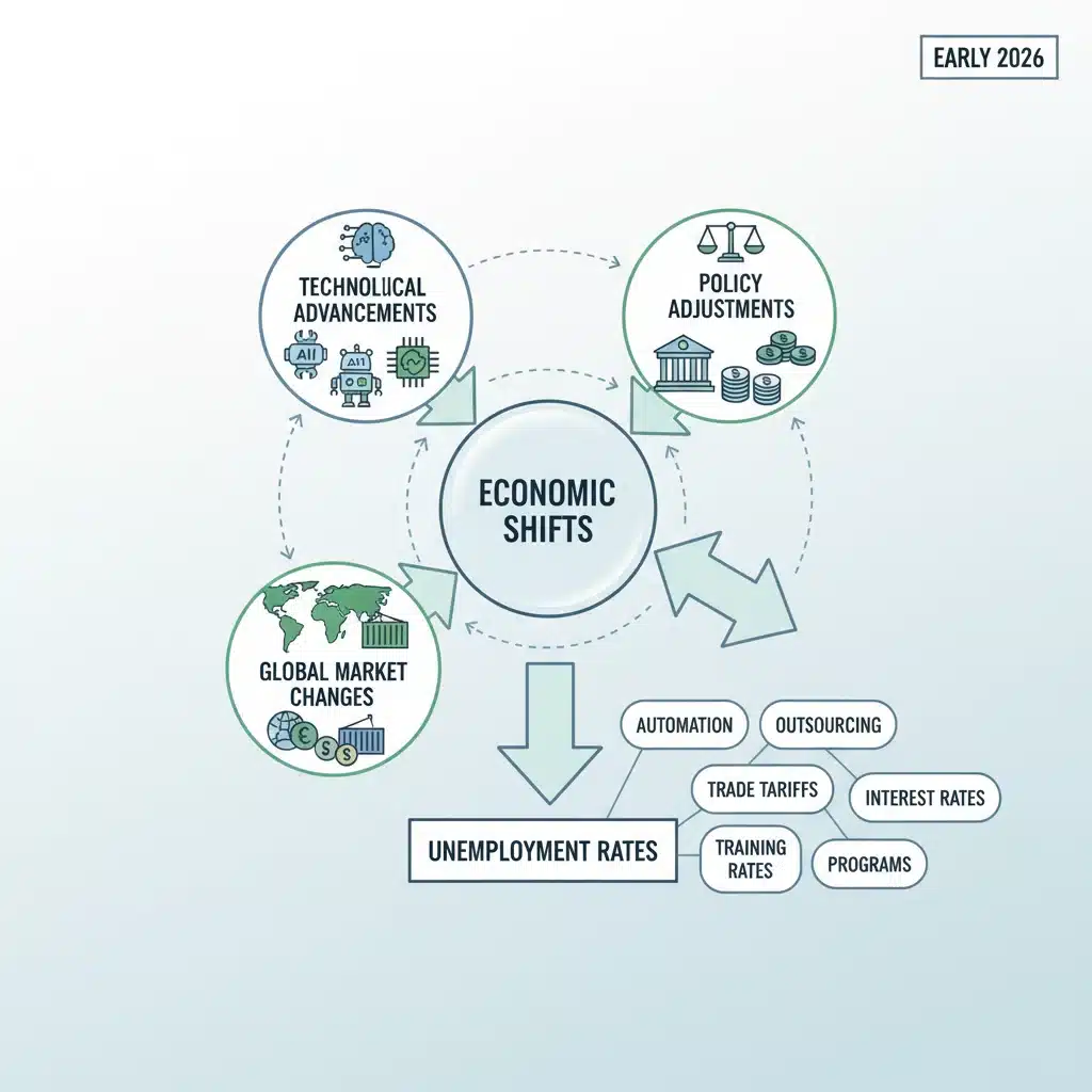 Diagram showing economic shifts impacting unemployment rates in early 2026