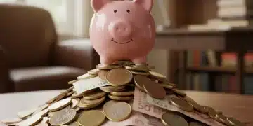 Stack of coins and banknotes with a piggy bank, symbolizing emergency fund building and financial security.