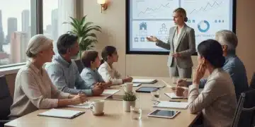Diverse individuals consult with a financial advisor about estate planning documents, symbolizing future security.