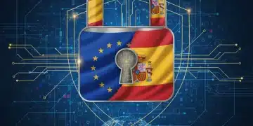 European Union and Spanish flags with a lock icon, representing new data privacy regulations.