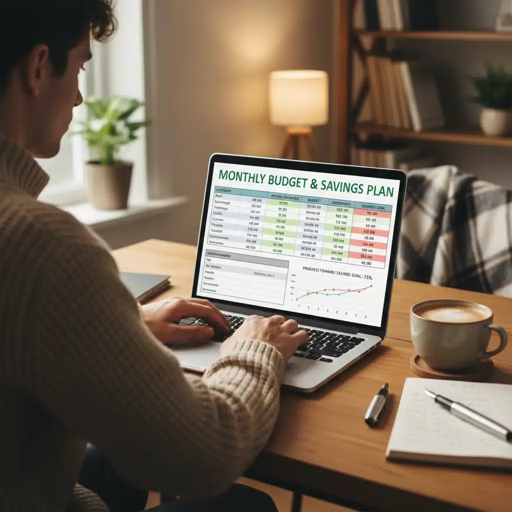 Person tracking expenses on a laptop for budgeting