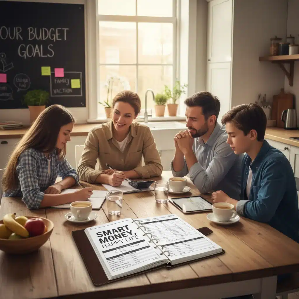 Family discussing budget at kitchen table with planner.