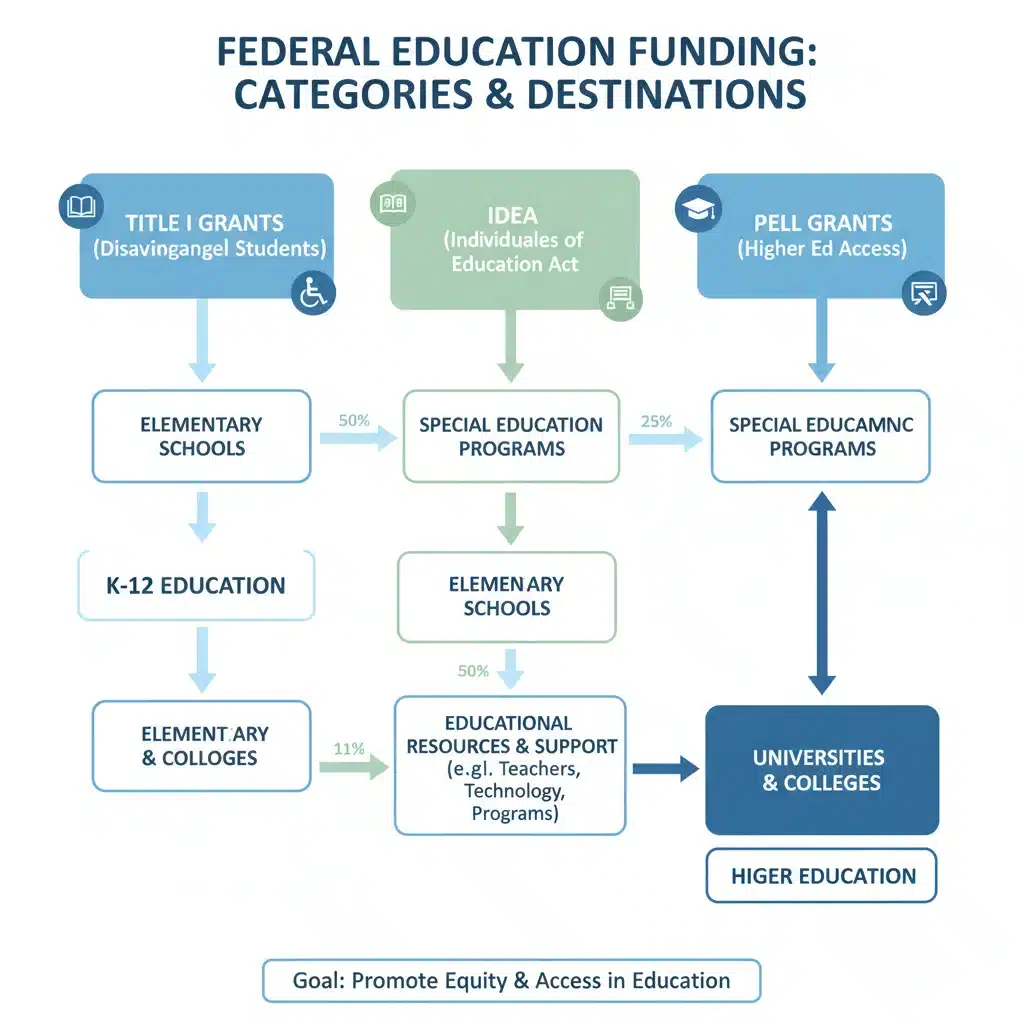 Infographic detailing various federal education funding categories and their distribution.