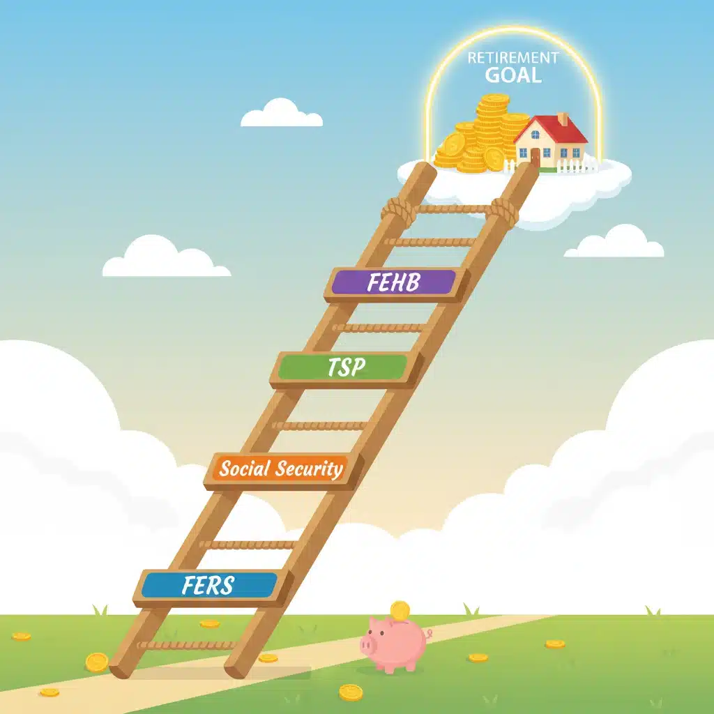 Illustration of retirement planning steps for federal employees with FERS, TSP, FEHB