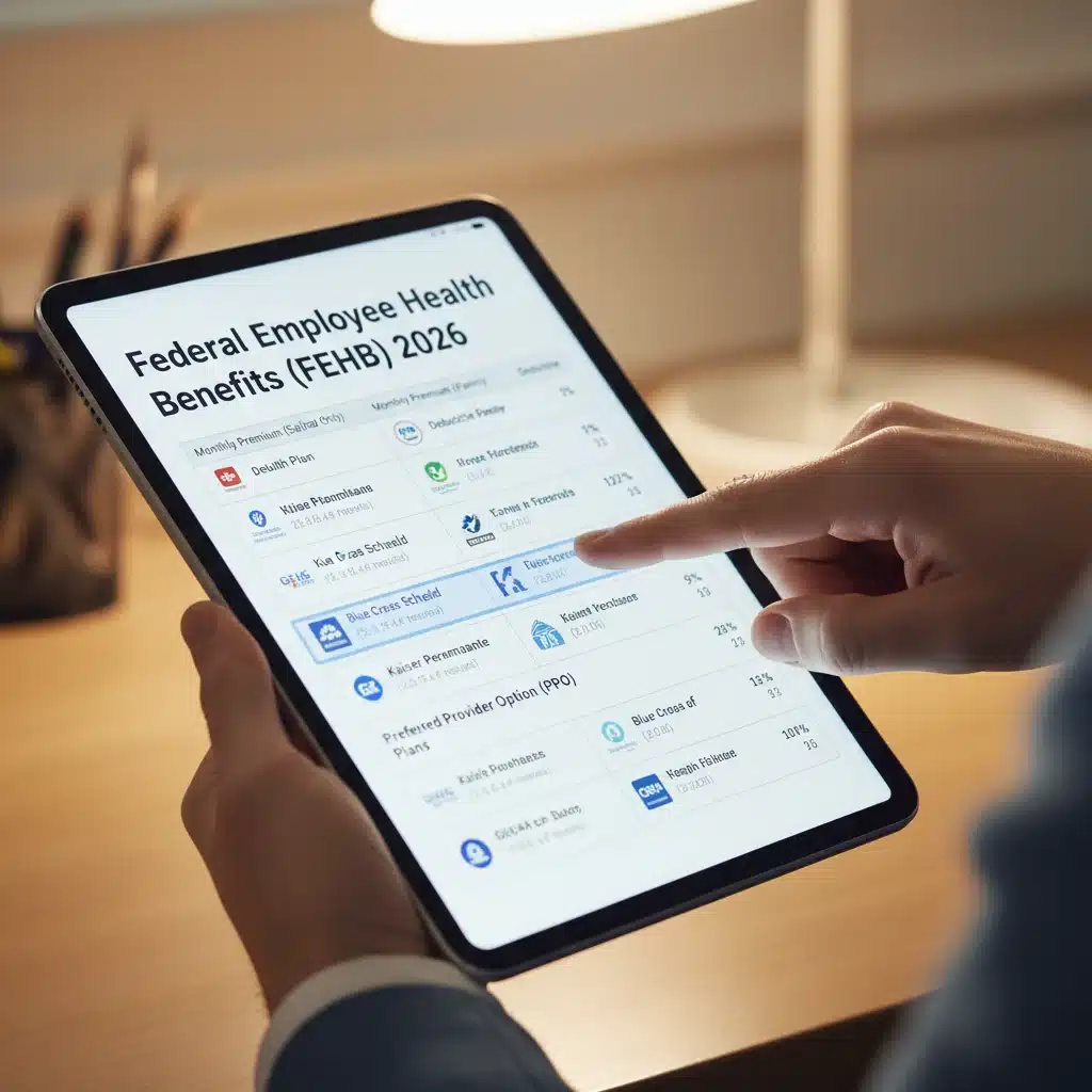 Detailed view of Federal Employee Health Benefits (FEHB) options for 2026 on a tablet