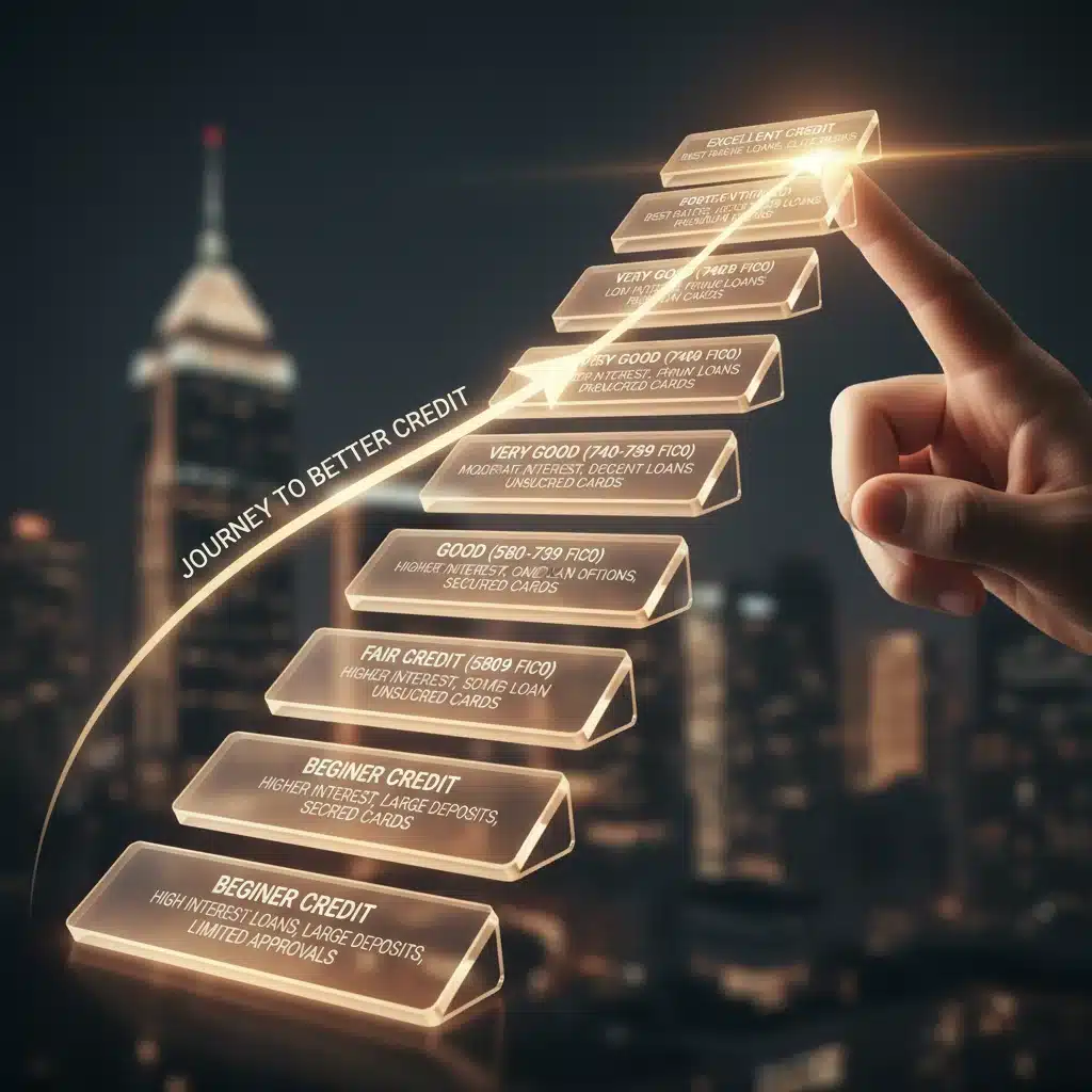 Hand pointing to financial ladder with FICO score tiers