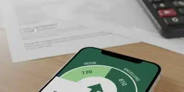 FICO score meter showing an increase, financial documents, and calculator
