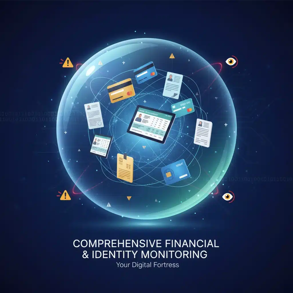 Comprehensive financial and identity monitoring represented by a protective shield around personal data.