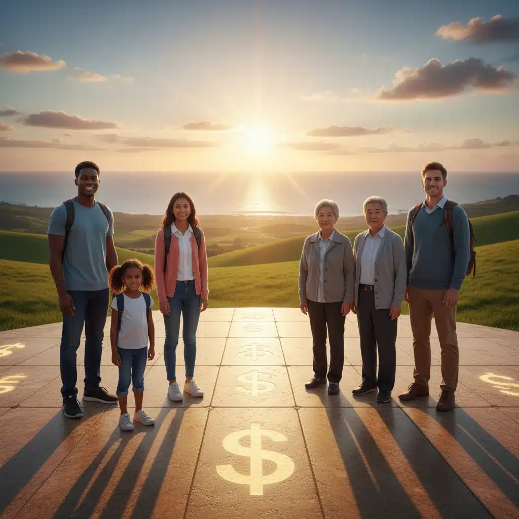 Diverse group looking confidently towards a bright horizon, symbolizing financial security and peace of mind.