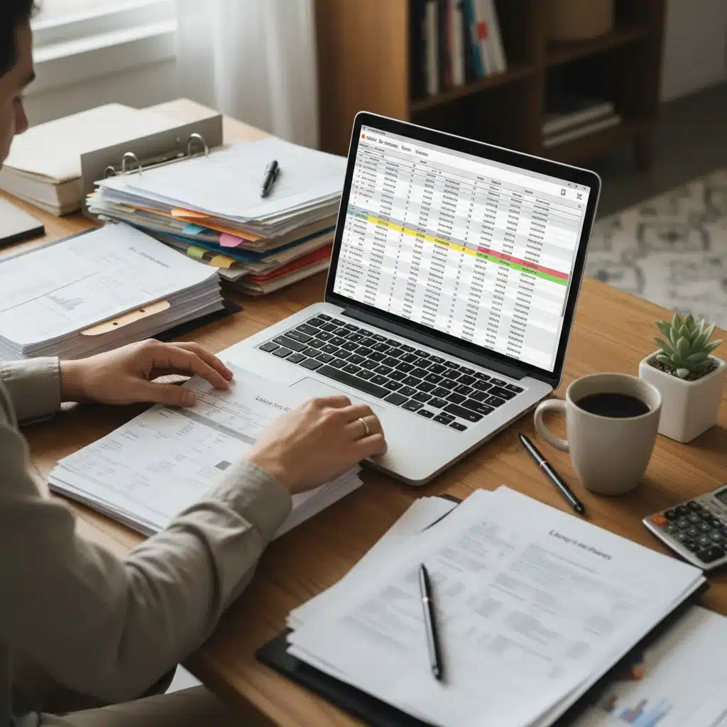 Person reviewing budget spreadsheet on laptop, organizing finances.