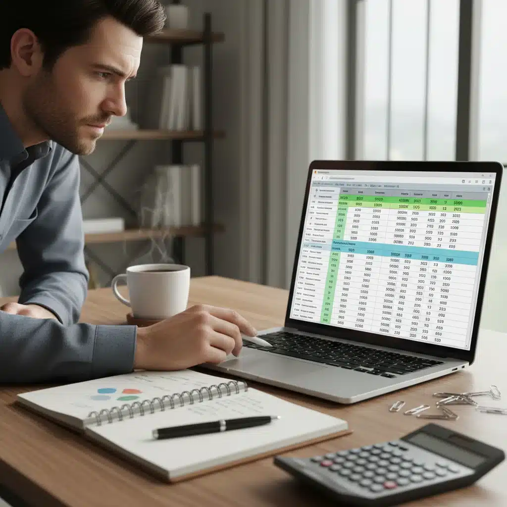 Person analyzing financial spreadsheet on laptop, focusing on budgeting.
