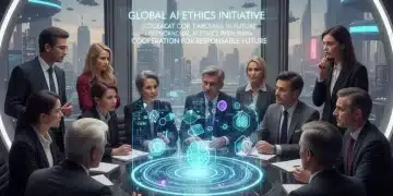 Global team discussing AI ethics principles around a holographic display