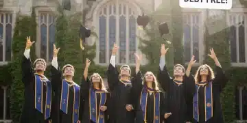 Graduates celebrating with student loan documents and a 2026 calendar overlay, representing future financial relief