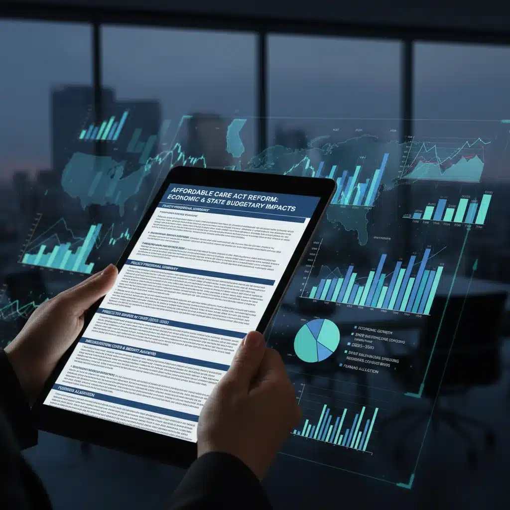 Hand holding tablet with healthcare policy document, illustrating economic and budget implications for states.