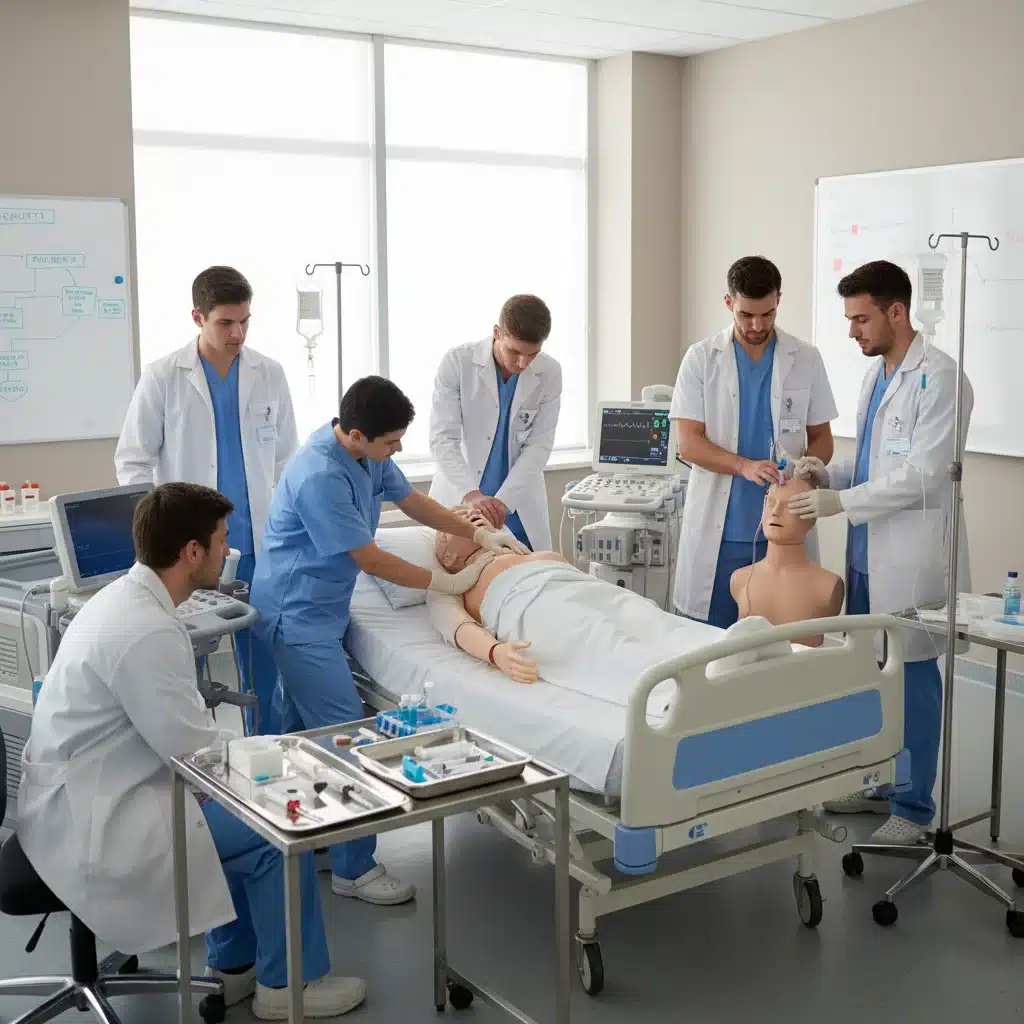 Healthcare students practicing medical procedures in a simulated hospital