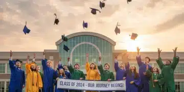 Diverse high school graduates celebrating, throwing caps in the air.