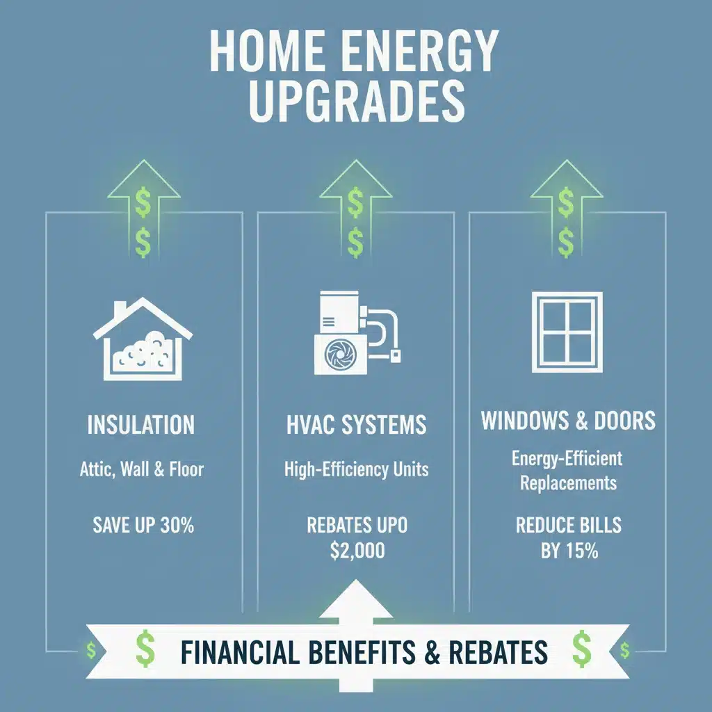 Infographic detailing home energy upgrades for federal rebates including insulation, HVAC, and windows.