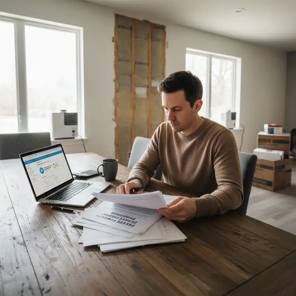 Homeowner applying for federal home energy rebates, reviewing documents on a laptop with a calculator.