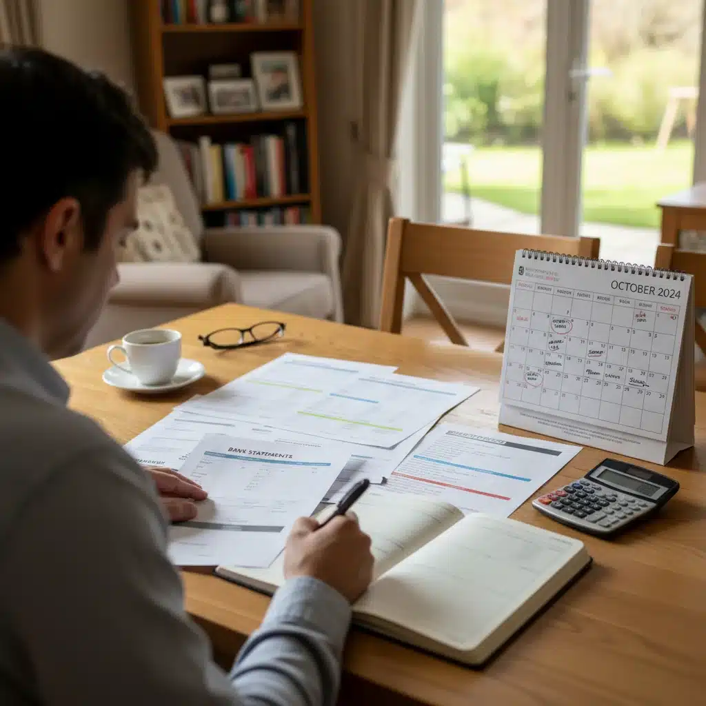 Person planning household budget with documents and calculator