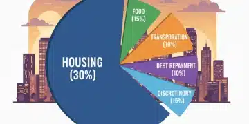 Pie chart showing 30% income for housing, with other budget categories, U.S. city background.