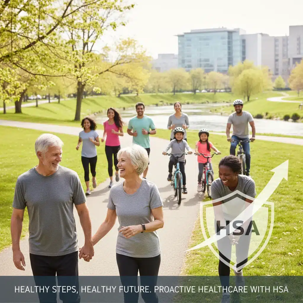 Diverse group of people enjoying healthy activities, representing long-term health and HSA benefits.