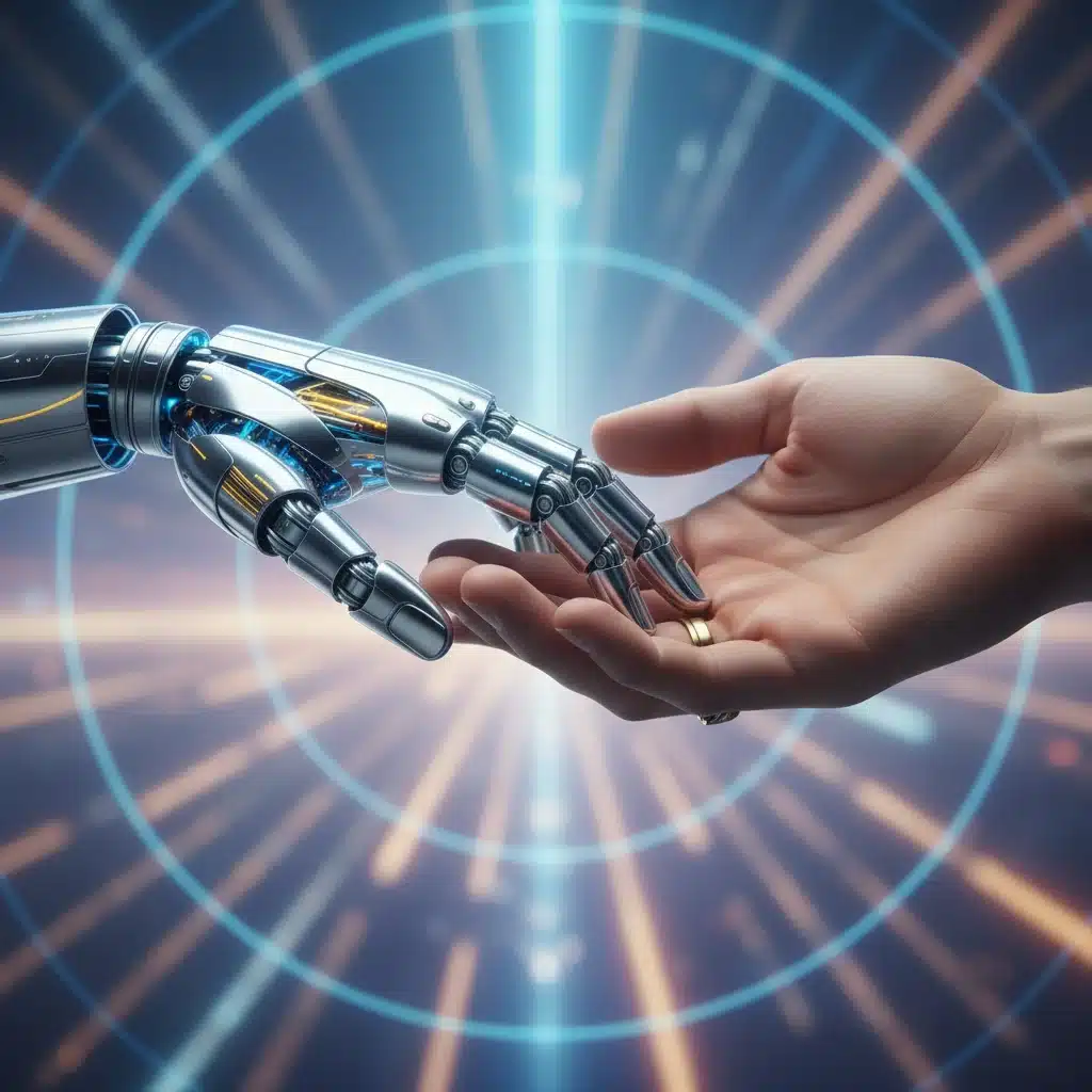Human and robotic hands touching, symbolizing responsible AI integration