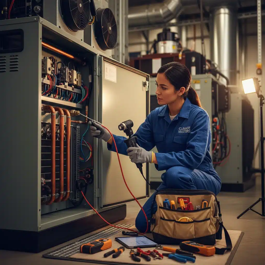 HVAC technician inspecting a commercial air conditioning unit.