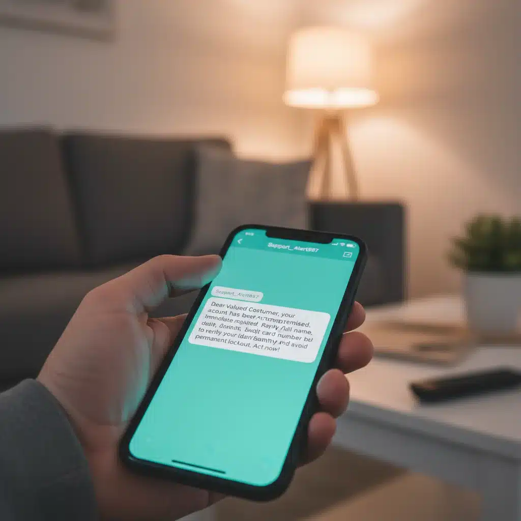 Person's hand contemplating a suspicious phishing text message on a smartphone screen.