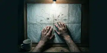 A person's hands tracing faded lines on an old municipal map, highlighting hidden financial benefit locations, under harsh incandescent lighting.