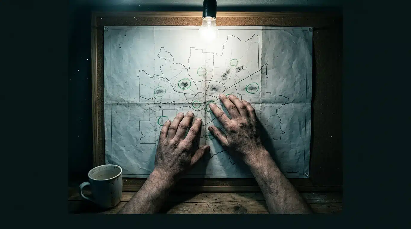 A person's hands tracing faded lines on an old municipal map, highlighting hidden financial benefit locations, under harsh incandescent lighting.