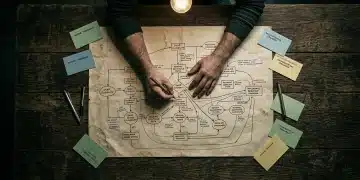 Overhead view of hands meticulously tracing a complex, interconnected government benefits flowchart on aged parchment paper, surrounded by handwritten notes, on a dark wooden table.