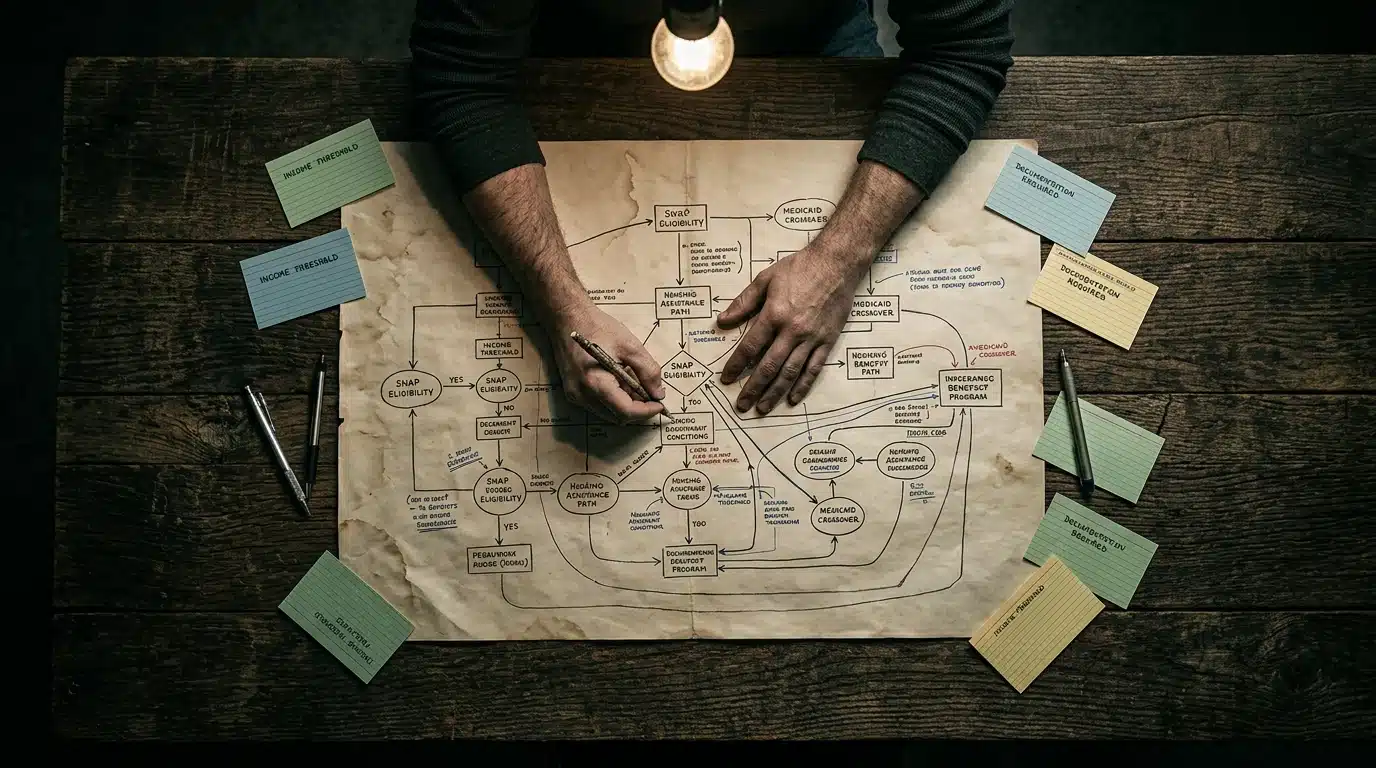 Overhead view of hands meticulously tracing a complex, interconnected government benefits flowchart on aged parchment paper, surrounded by handwritten notes, on a dark wooden table.