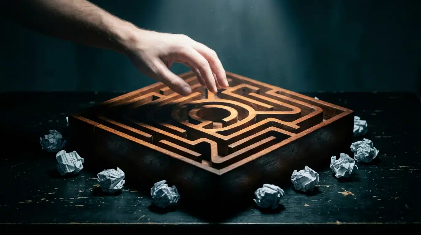A person's hand reaches into a dark, intricate wooden labyrinth, surrounded by discarded paper forms, illuminated by a single dramatic light beam, symbolizing the confusing journey of educational funding.