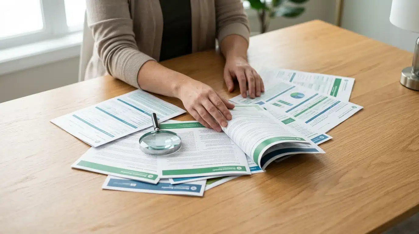 A person's hands sorting through various government financial aid program documents and brochures on a light oak desk, emphasizing the process of understanding diverse public assistance options.