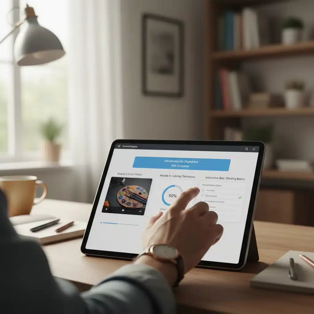 Hand interacting with a tablet displaying an interactive online course interface.