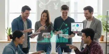 Young adults enthusiastically learning about investing on digital devices