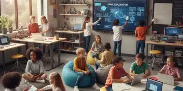 Students engaged in modern K-12 classroom activities with technology.