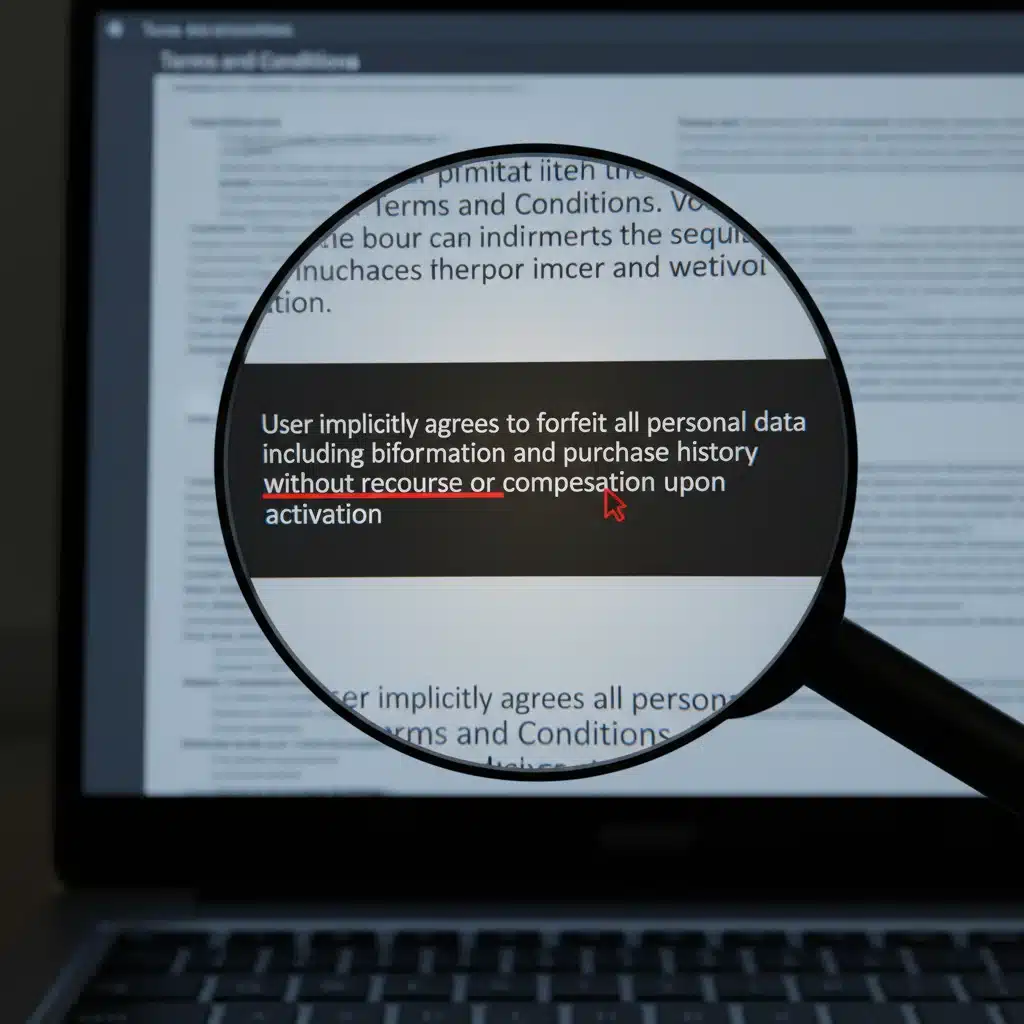 Magnifying glass over fine print in digital terms and conditions