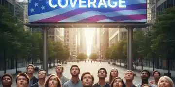 Medicaid Expansion 2026: Federal Directives & Coverage Impacts Diverse group looking at 'Healthcare Coverage' sign, symbolizing access to Medicaid expansion benefits.