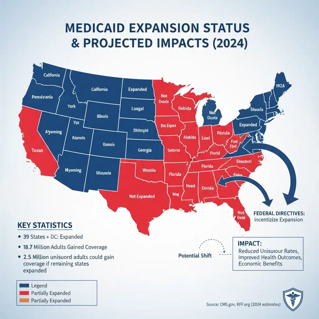 Infographic map of US states showing Medicaid expansion status and projected impacts of 2026 federal directives.