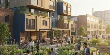 Modern affordable housing complex with community garden