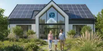 Home Energy Rebates 2026: Federal Programs Up to $8,000 for Efficiency Modern home with solar panels, smart thermostat, and family, symbolizing federal home energy rebates and savings.
